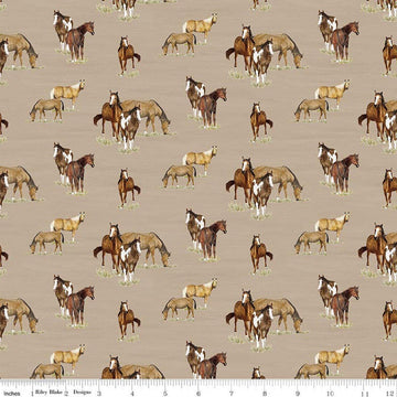Image of The Homestead Horses Tan quilting cotton fabric by Tara Reed for Riley Blake Designs. Features horses on a brown background. Cute Little Fabric Shop.