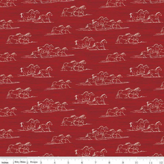 Image of The Homestead Horse Toile Red quilting cotton fabric by Tara Reed for Riley Blake Designs. Features horses on a red background. Cute Little Fabric Shop.