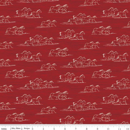 Image of The Homestead Horse Toile Red quilting cotton fabric by Tara Reed for Riley Blake Designs. Features horses on a red background. Cute Little Fabric Shop.