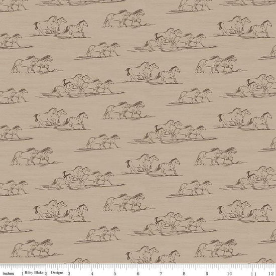 Image of The Homestead Horse Toile Tan quilting cotton fabric by Tara Reed for Riley Blake Designs. Features horses on a brown background. Cute Little Fabric Shop.