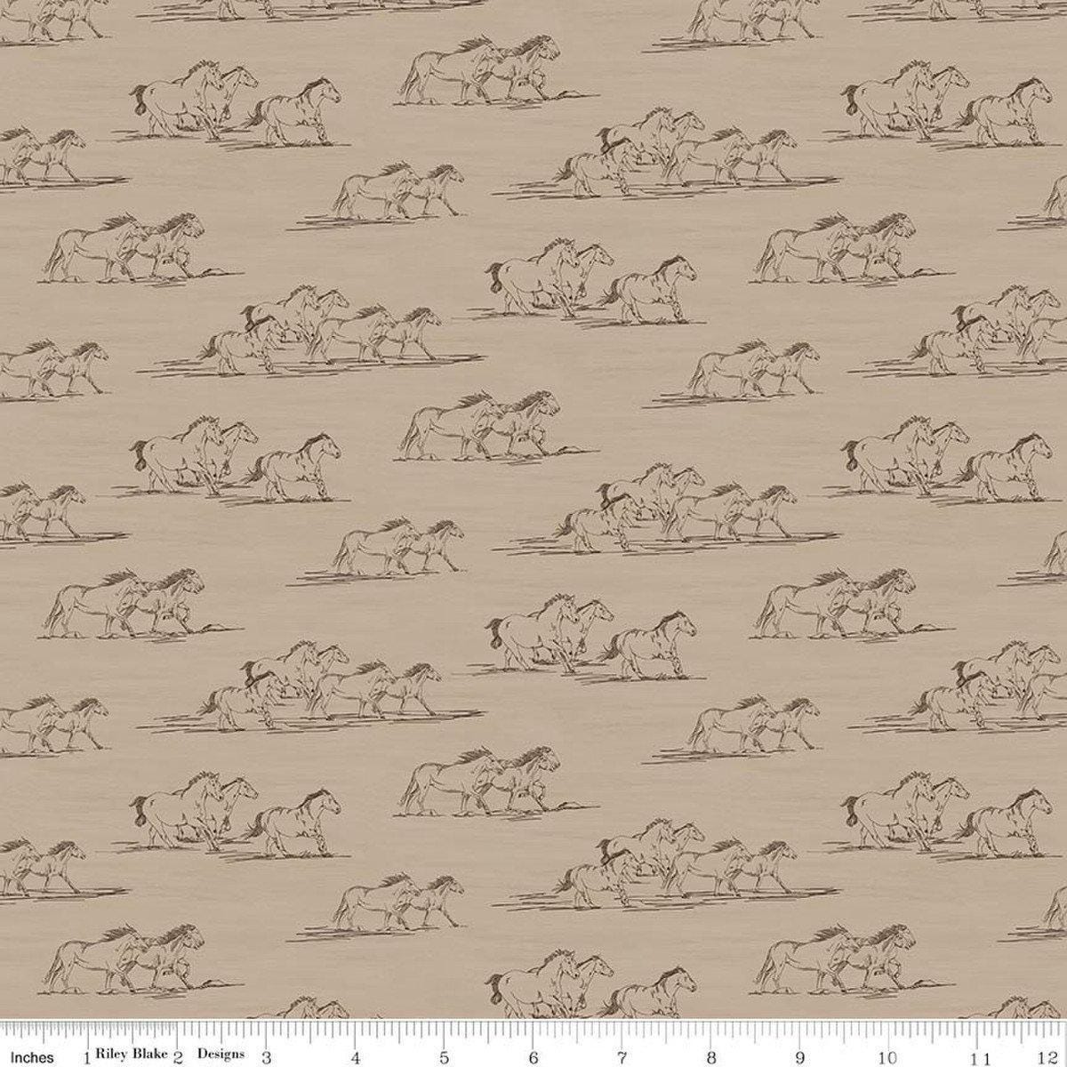 Image of The Homestead Horse Toile Tan quilting cotton fabric by Tara Reed for Riley Blake Designs. Features horses on a brown background. Cute Little Fabric Shop.