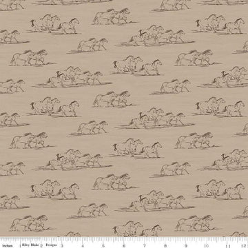 Image of The Homestead Horse Toile Tan quilting cotton fabric by Tara Reed for Riley Blake Designs. Features horses on a brown background. Cute Little Fabric Shop.