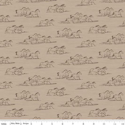 Image of The Homestead Horse Toile Tan quilting cotton fabric by Tara Reed for Riley Blake Designs. Features horses on a brown background. Cute Little Fabric Shop.