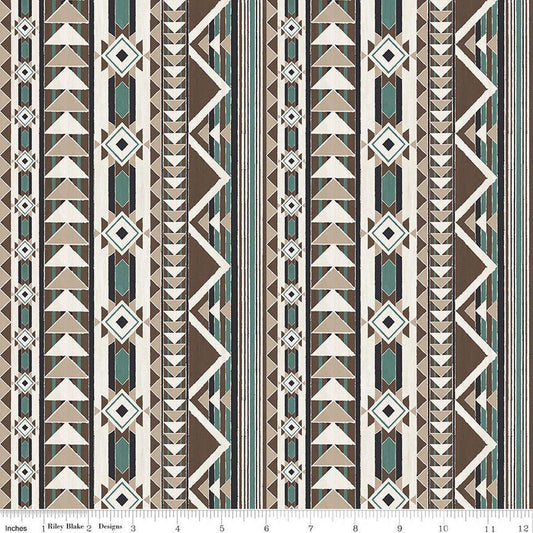 Image of The Homestead Blanket Teal quilting cotton fabric by Tara Reed for Riley Blake Designs. Features geometric stripes on a blue background. Cute Little Fabric Shop.