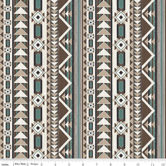 Image of The Homestead Blanket Teal quilting cotton fabric by Tara Reed for Riley Blake Designs. Features geometric stripes on a blue background. Cute Little Fabric Shop.