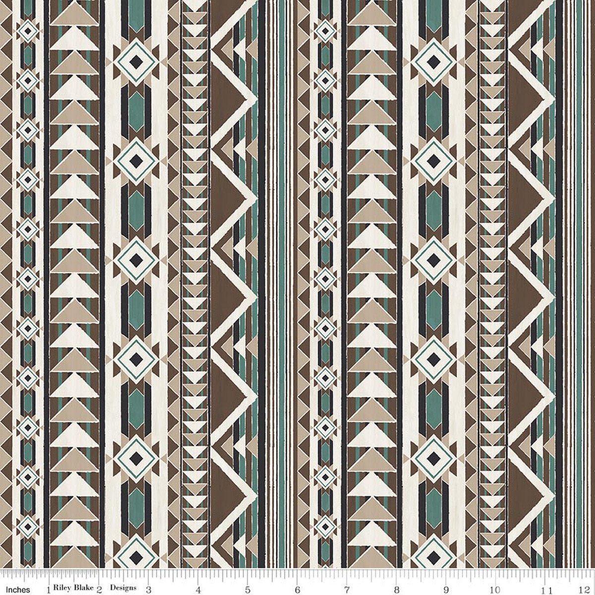 Image of The Homestead Blanket Teal quilting cotton fabric by Tara Reed for Riley Blake Designs. Features geometric stripes on a blue background. Cute Little Fabric Shop.