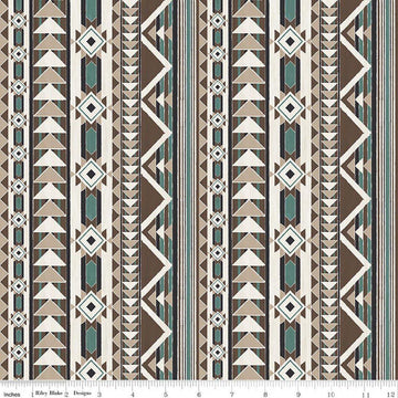 Image of The Homestead Blanket Teal quilting cotton fabric by Tara Reed for Riley Blake Designs. Features geometric stripes on a blue background. Cute Little Fabric Shop.