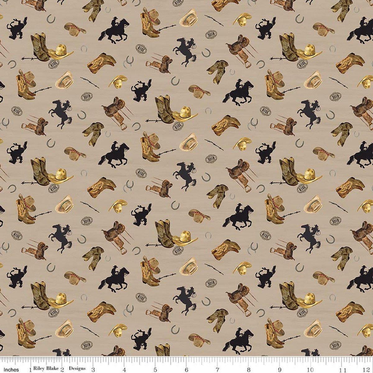 Image of The Homestead Icon Toss Tan quilting cotton fabric by Tara Reed for Riley Blake Designs. Features cowboys on a brown background. Cute Little Fabric Shop.