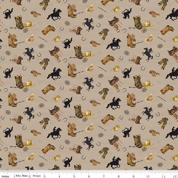 Image of The Homestead Icon Toss Tan quilting cotton fabric by Tara Reed for Riley Blake Designs. Features cowboys on a brown background. Cute Little Fabric Shop.