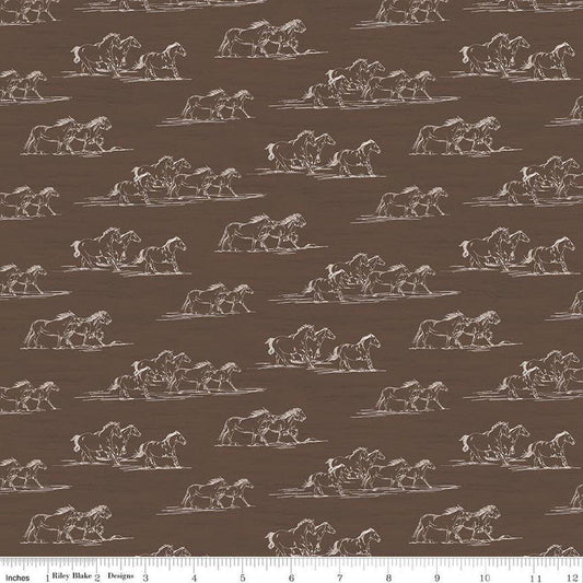 Image of The Homestead Horse Toile Brown quilting cotton fabric by Tara Reed for Riley Blake Designs. Features horses on a brown background. Cute Little Fabric Shop.