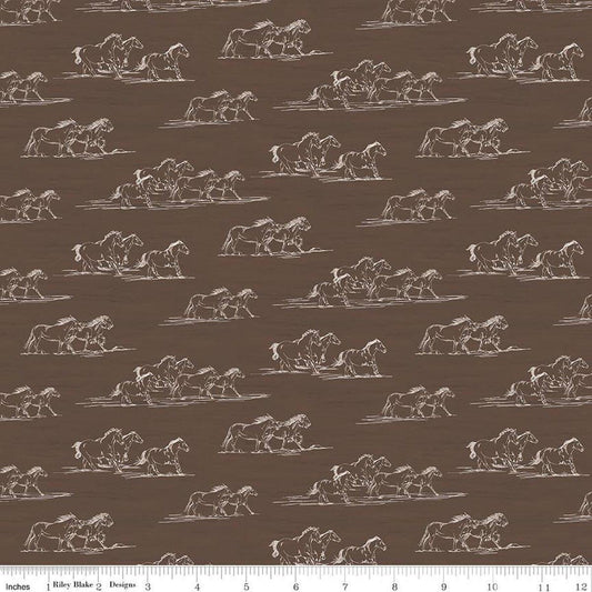 Image of The Homestead Horse Toile Brown quilting cotton fabric by Tara Reed for Riley Blake Designs. Features horses on a brown background. Cute Little Fabric Shop.