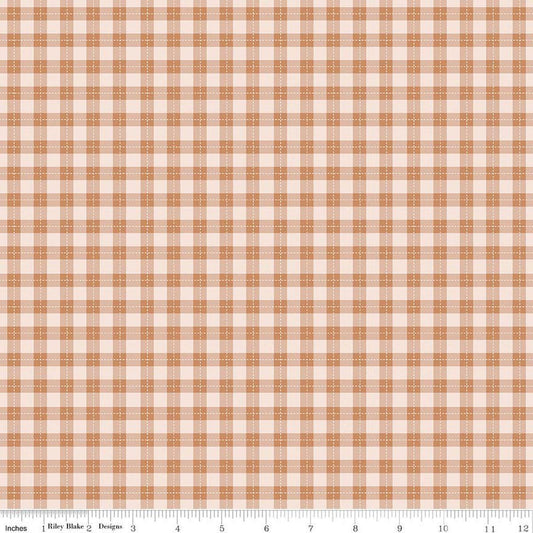 Image of Harvest on the Prairie Plaid Suede quilting cotton fabric by Modern Prairie for Riley Blake Designs. Features plaid on an orange background. Cute Little Fabric Shop.