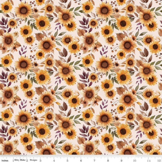 Image of Harvest on the Prairie Sunflowers Latte quilting cotton fabric by Modern Prairie for Riley Blake Designs. Features flowers on a white background. Cute Little Fabric Shop.