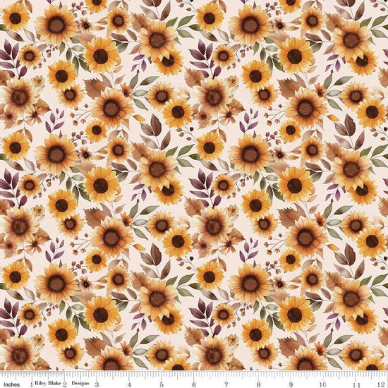 Image of Harvest on the Prairie Sunflowers Latte quilting cotton fabric by Modern Prairie for Riley Blake Designs. Features flowers on a white background. Cute Little Fabric Shop.