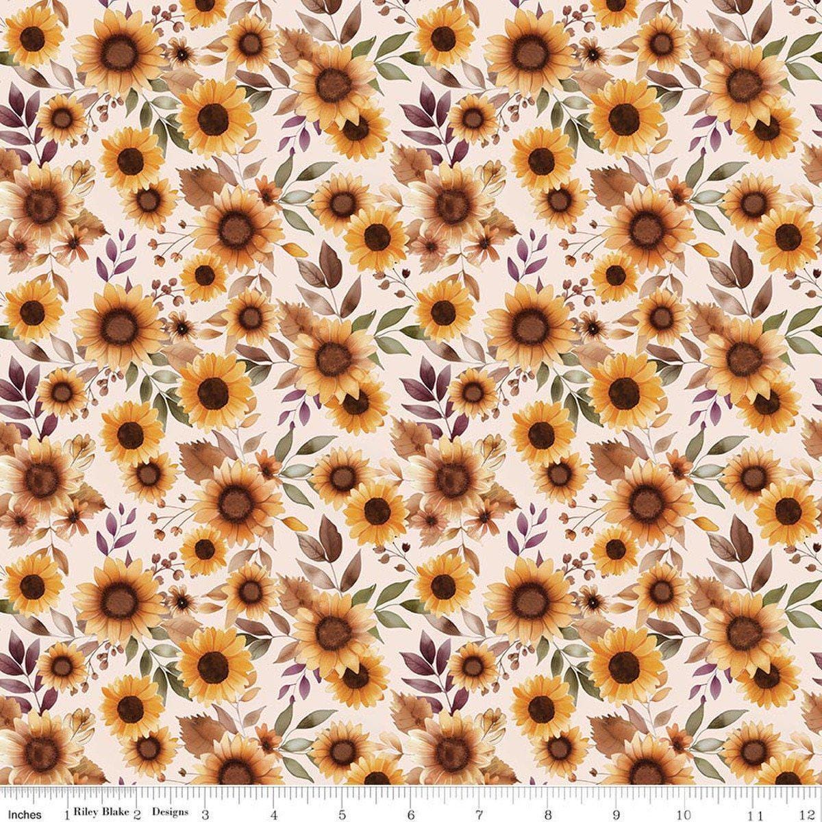 Image of Harvest on the Prairie Sunflowers Latte quilting cotton fabric by Modern Prairie for Riley Blake Designs. Features flowers on a white background. Cute Little Fabric Shop.