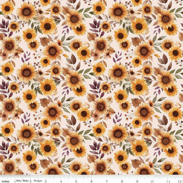 Image of Harvest on the Prairie Sunflowers Latte quilting cotton fabric by Modern Prairie for Riley Blake Designs. Features flowers on a white background. Cute Little Fabric Shop.