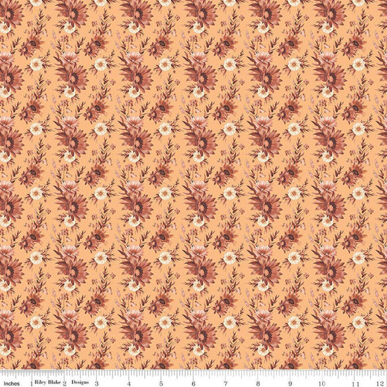 Image of Harvest on the Prairie Floral Marmalade quilting cotton fabric by Modern Prairie for Riley Blake Designs. Features flowers on a yellow background. Cute Little Fabric Shop.