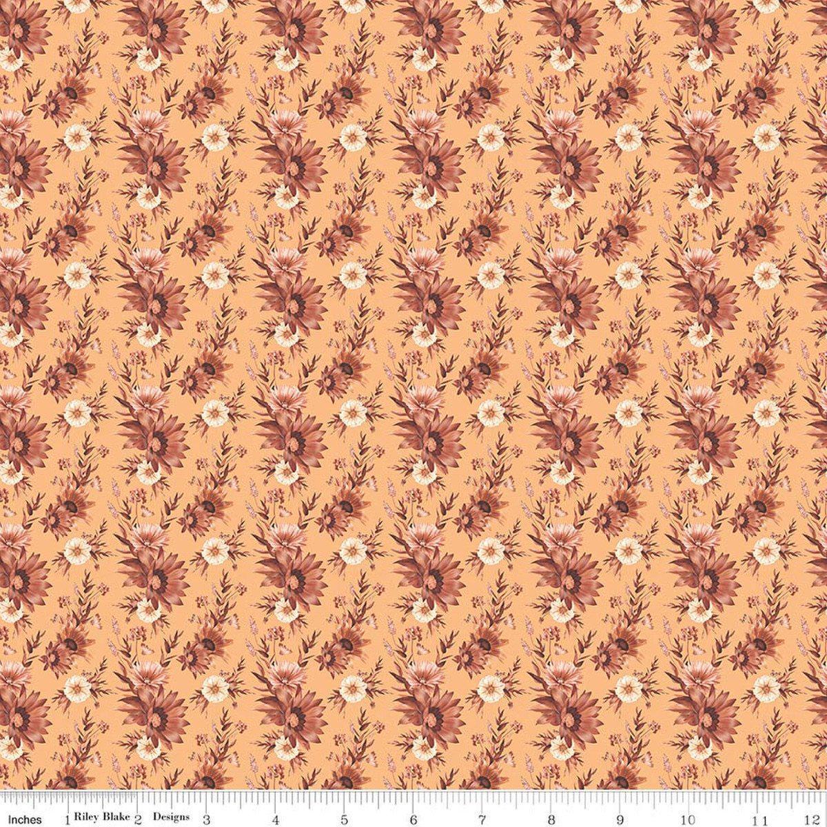 Image of Harvest on the Prairie Floral Marmalade quilting cotton fabric by Modern Prairie for Riley Blake Designs. Features flowers on a yellow background. Cute Little Fabric Shop.