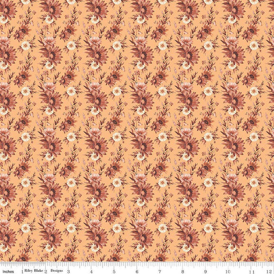 Image of Harvest on the Prairie Floral Marmalade quilting cotton fabric by Modern Prairie for Riley Blake Designs. Features flowers on a yellow background. Cute Little Fabric Shop.
