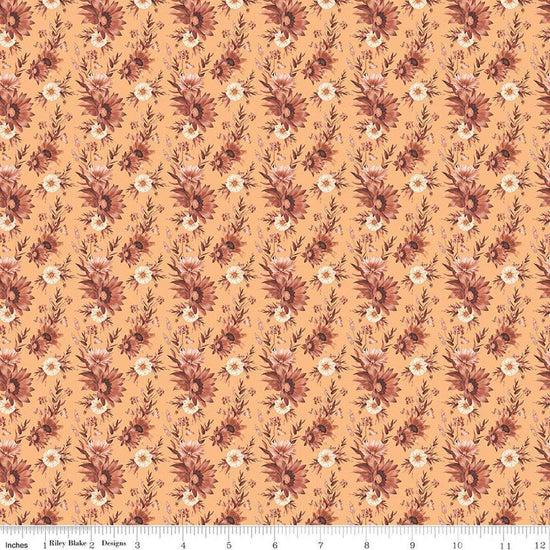 Image of Harvest on the Prairie Floral Marmalade quilting cotton fabric by Modern Prairie for Riley Blake Designs. Features flowers on a yellow background. Cute Little Fabric Shop.