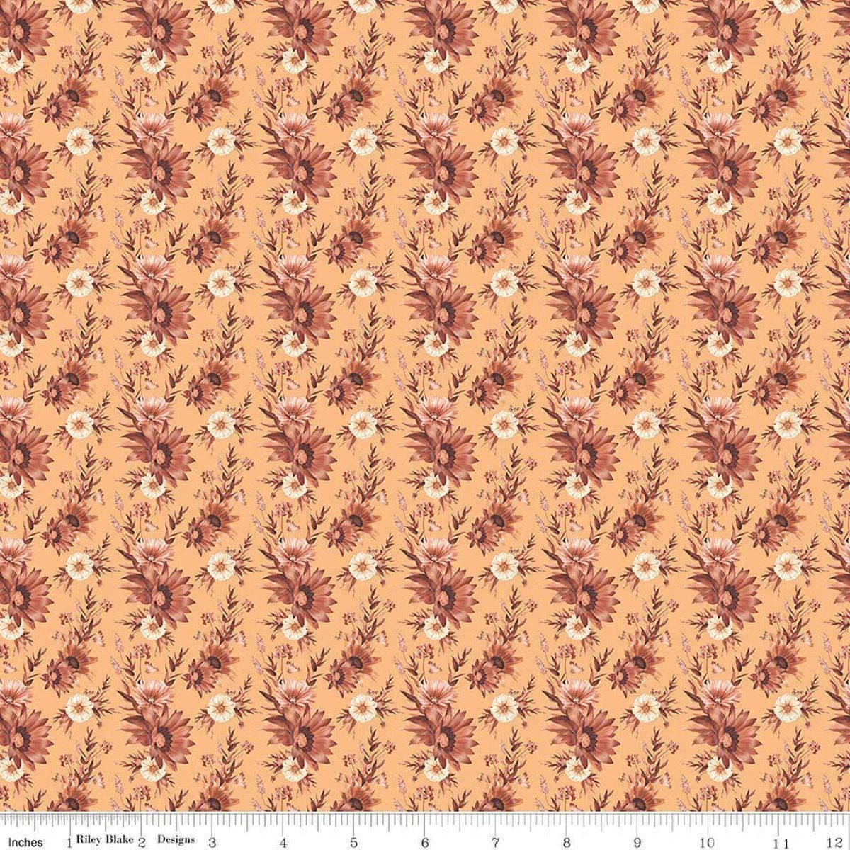 Image of Harvest on the Prairie Floral Marmalade quilting cotton fabric by Modern Prairie for Riley Blake Designs. Features flowers on a yellow background. Cute Little Fabric Shop.