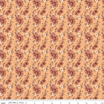 Image of Harvest on the Prairie Floral Marmalade quilting cotton fabric by Modern Prairie for Riley Blake Designs. Features flowers on a yellow background. Cute Little Fabric Shop.