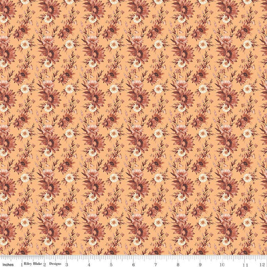 Image of Harvest on the Prairie Floral Marmalade quilting cotton fabric by Modern Prairie for Riley Blake Designs. Features flowers on a yellow background. Cute Little Fabric Shop.