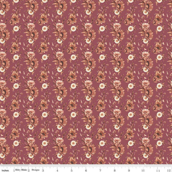 Image of Harvest on the Prairie Floral Wine quilting cotton fabric by Modern Prairie for Riley Blake Designs. Features flowers on a purple background. Cute Little Fabric Shop.