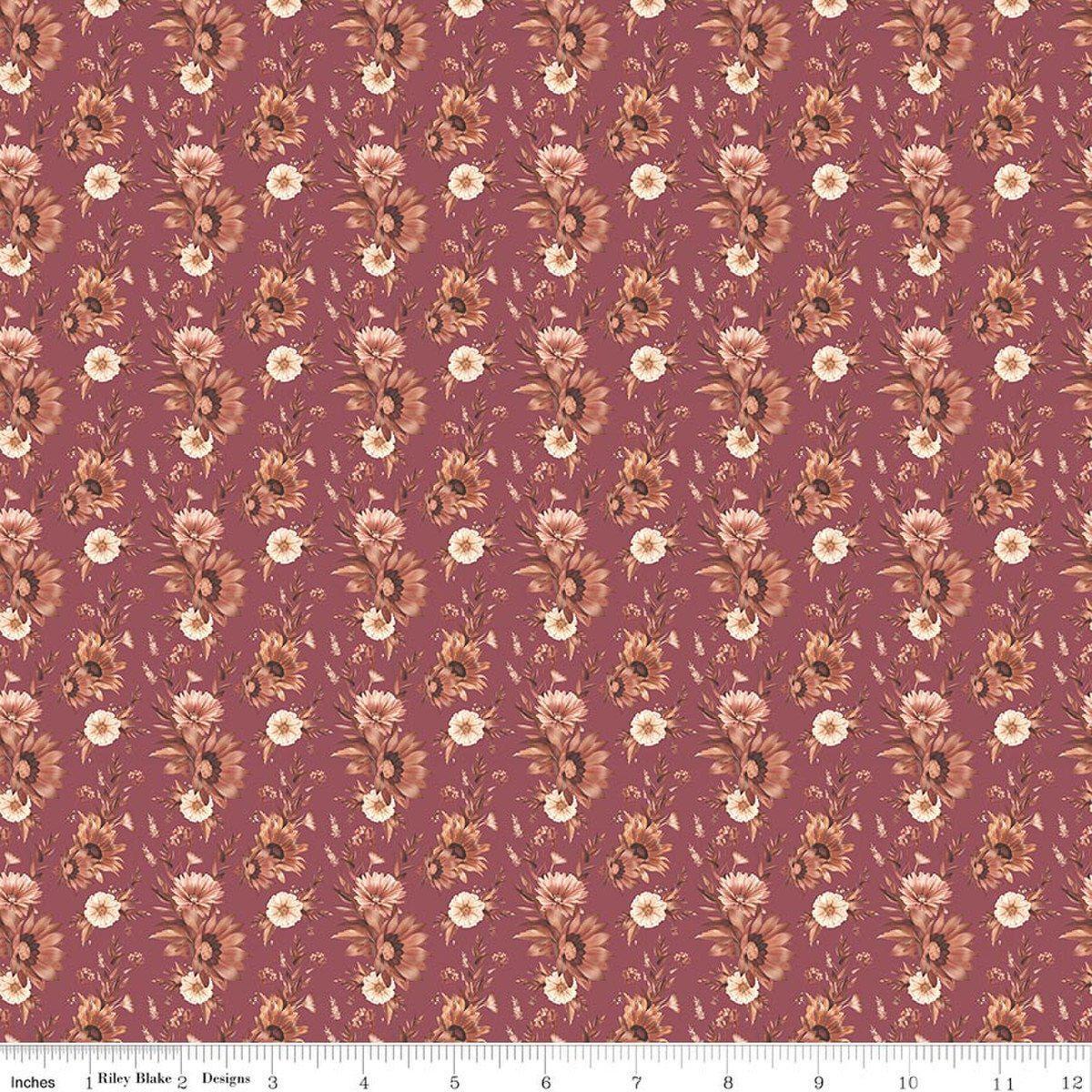 Image of Harvest on the Prairie Floral Wine quilting cotton fabric by Modern Prairie for Riley Blake Designs. Features flowers on a purple background. Cute Little Fabric Shop.