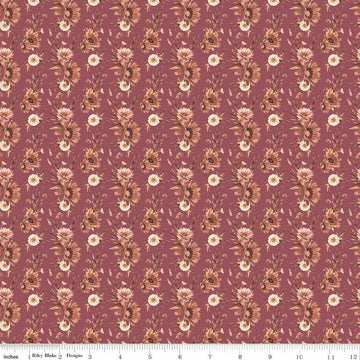 Image of Harvest on the Prairie Floral Wine quilting cotton fabric by Modern Prairie for Riley Blake Designs. Features flowers on a purple background. Cute Little Fabric Shop.