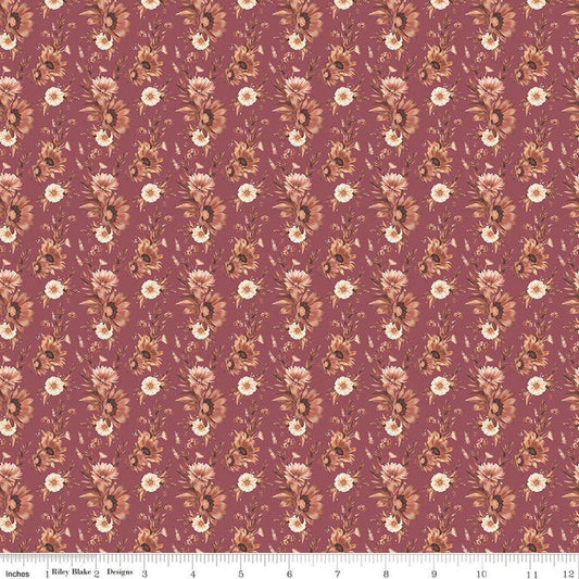Image of Harvest on the Prairie Floral Wine quilting cotton fabric by Modern Prairie for Riley Blake Designs. Features flowers on a purple background. Cute Little Fabric Shop.