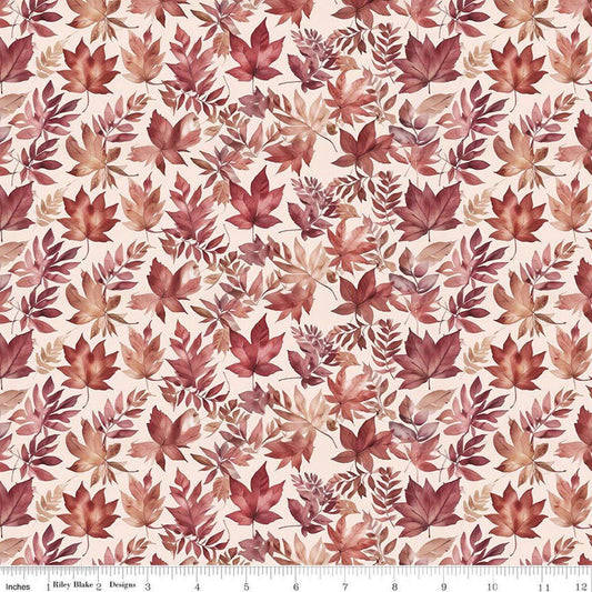 Image of Harvest on the Prairie Leaves Latte quilting cotton fabric by Modern Prairie for Riley Blake Designs. Features leaves on a white background. Cute Little Fabric Shop.