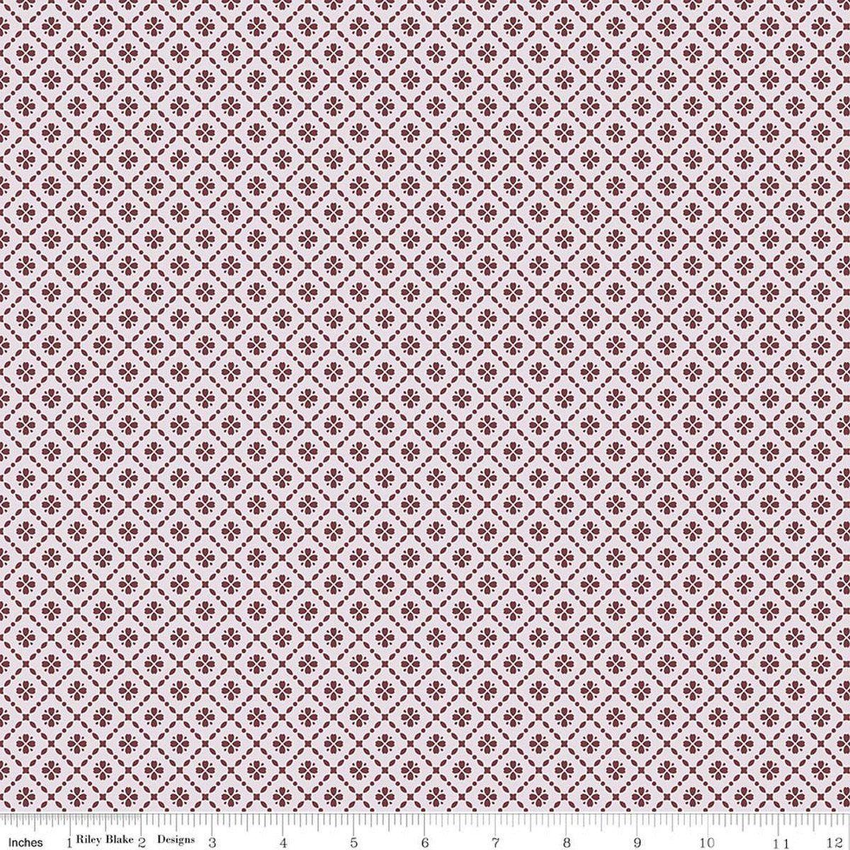 Image of Harvest on the Prairie Floral Geo Wine quilting cotton fabric by Modern Prairie for Riley Blake Designs. Features flowers on a purple background. Cute Little Fabric Shop.