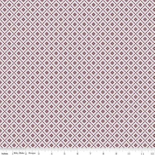 Image of Harvest on the Prairie Floral Geo Wine quilting cotton fabric by Modern Prairie for Riley Blake Designs. Features flowers on a purple background. Cute Little Fabric Shop.