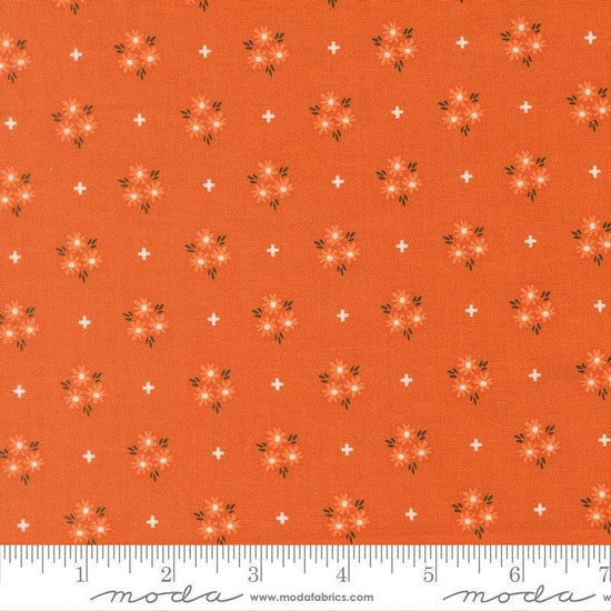 Image of Birch and Willow Blooms Spice quilting cotton fabric by Sherri & Chelsi for Moda Fabrics. Features flowers on an orange background. Cute Little Fabric Shop.