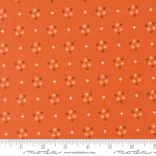 Image of Birch and Willow Blooms Spice quilting cotton fabric by Sherri & Chelsi for Moda Fabrics. Features flowers on an orange background. Cute Little Fabric Shop.