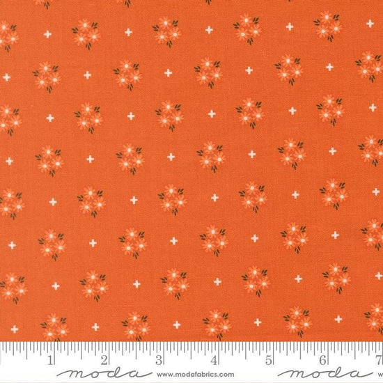 Image of Birch and Willow Blooms Spice quilting cotton fabric by Sherri & Chelsi for Moda Fabrics. Features flowers on an orange background. Cute Little Fabric Shop.