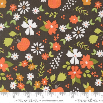 Image of Birch and Willow Pumpkin Patch Charcoal quilting cotton fabric by Sherri & Chelsi for Moda Fabrics. Features flowers on a black background. Cute Little Fabric Shop.