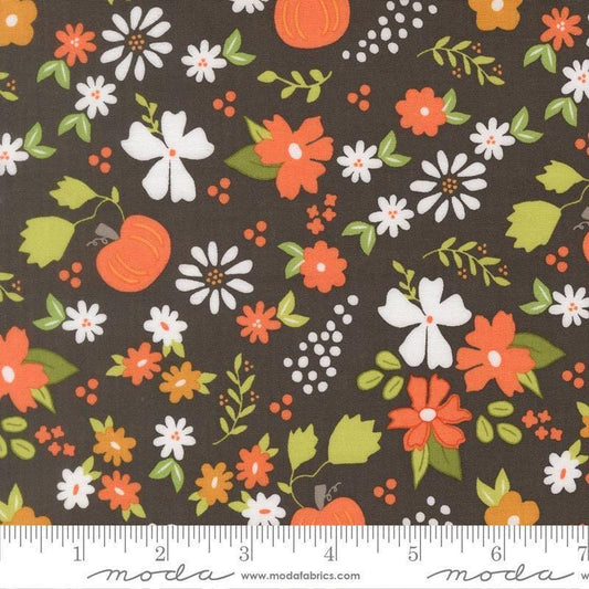 Image of Birch and Willow Pumpkin Patch Charcoal quilting cotton fabric by Sherri & Chelsi for Moda Fabrics. Features flowers on a black background. Cute Little Fabric Shop.