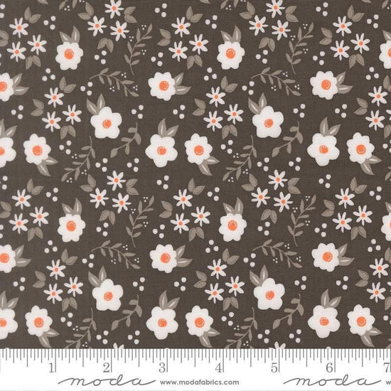 Image of Birch and Willow Mums Florals Charcoal quilting cotton fabric by Sherri & Chelsi for Moda Fabrics. Features flowers on a black background. Cute Little Fabric Shop.