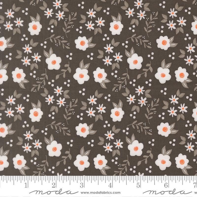 Image of Birch and Willow Mums Florals Charcoal quilting cotton fabric by Sherri & Chelsi for Moda Fabrics. Features flowers on a black background. Cute Little Fabric Shop.