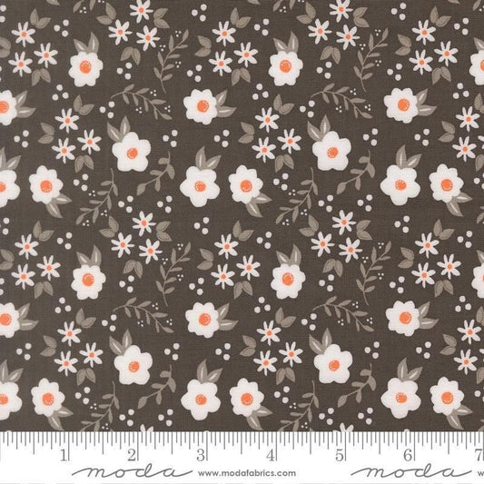 Image of Birch and Willow Mums Florals Charcoal quilting cotton fabric by Sherri & Chelsi for Moda Fabrics. Features flowers on a black background. Cute Little Fabric Shop.