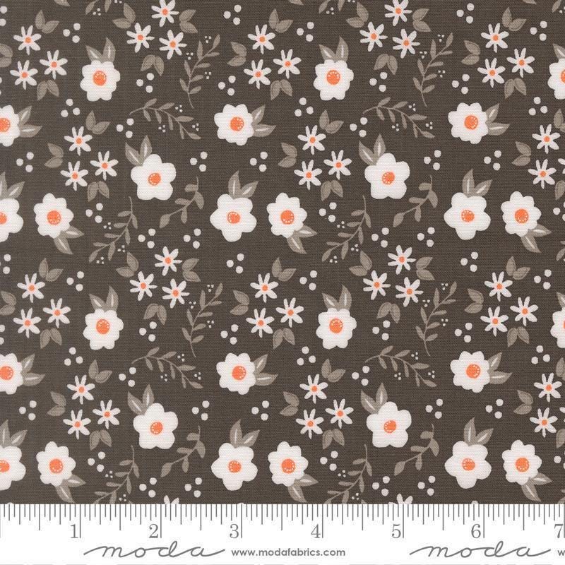 Image of Birch and Willow Mums Florals Charcoal quilting cotton fabric by Sherri & Chelsi for Moda Fabrics. Features flowers on a black background. Cute Little Fabric Shop.
