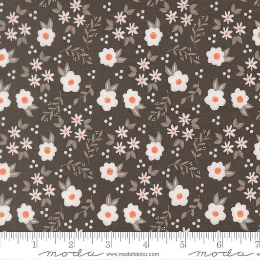 Image of Birch and Willow Mums Florals Charcoal quilting cotton fabric by Sherri & Chelsi for Moda Fabrics. Features flowers on a black background. Cute Little Fabric Shop.