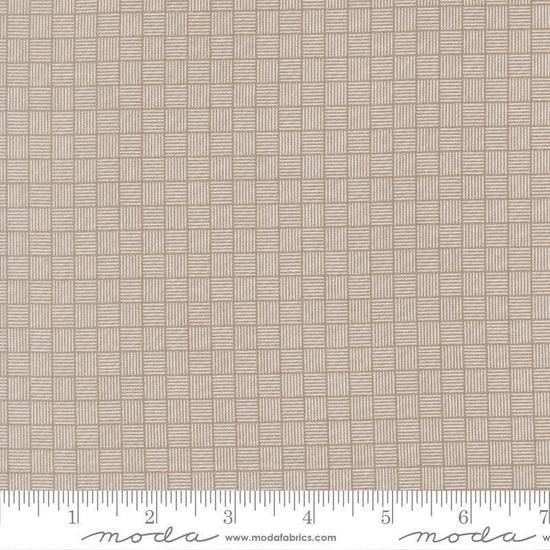 Image of Birch and Willow Crosshatch Stone quilting cotton fabric by Sherri & Chelsi for Moda Fabrics. Features squares on a gray background. Cute Little Fabric Shop.