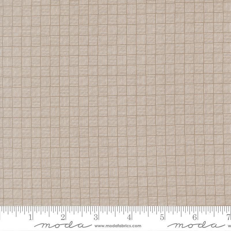 Image of Birch and Willow Crosshatch Stone quilting cotton fabric by Sherri & Chelsi for Moda Fabrics. Features squares on a gray background. Cute Little Fabric Shop.