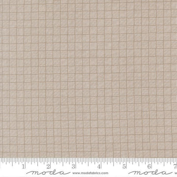 Image of Birch and Willow Crosshatch Stone quilting cotton fabric by Sherri & Chelsi for Moda Fabrics. Features squares on a gray background. Cute Little Fabric Shop.