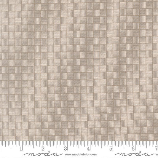 Image of Birch and Willow Crosshatch Stone quilting cotton fabric by Sherri & Chelsi for Moda Fabrics. Features squares on a gray background. Cute Little Fabric Shop.