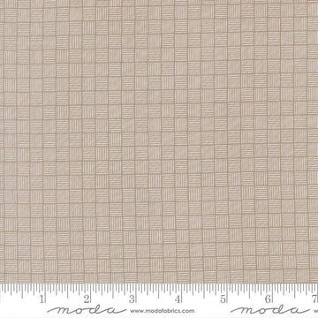 Image of Birch and Willow Crosshatch Stone quilting cotton fabric by Sherri & Chelsi for Moda Fabrics. Features squares on a gray background. Cute Little Fabric Shop.