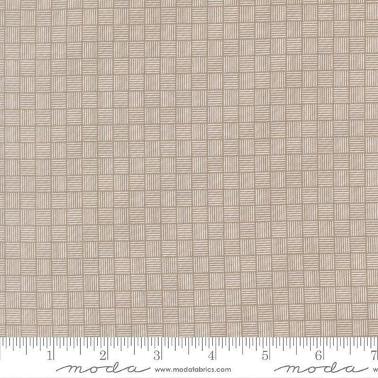 Image of Birch and Willow Crosshatch Stone quilting cotton fabric by Sherri & Chelsi for Moda Fabrics. Features squares on a gray background. Cute Little Fabric Shop.